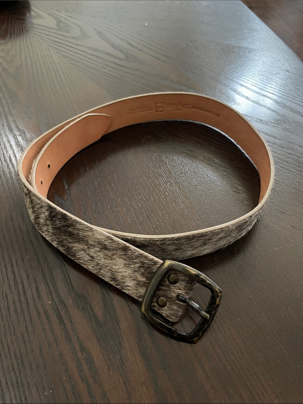 Brave Leather Women’s Haircalf Belt in Gray and Brown with Brass Buckle